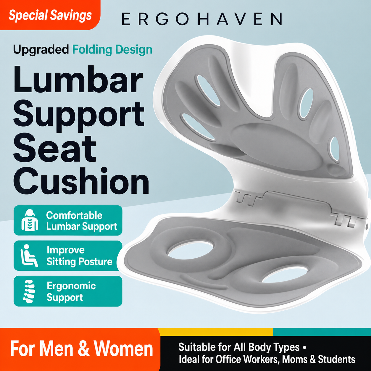 ErgoHaven FoldEase Foldable Lumbar Support Seat Cushion, Ergonomic Back Support for Office Chair, Car Seat & Home, Portable Posture Support Cushion