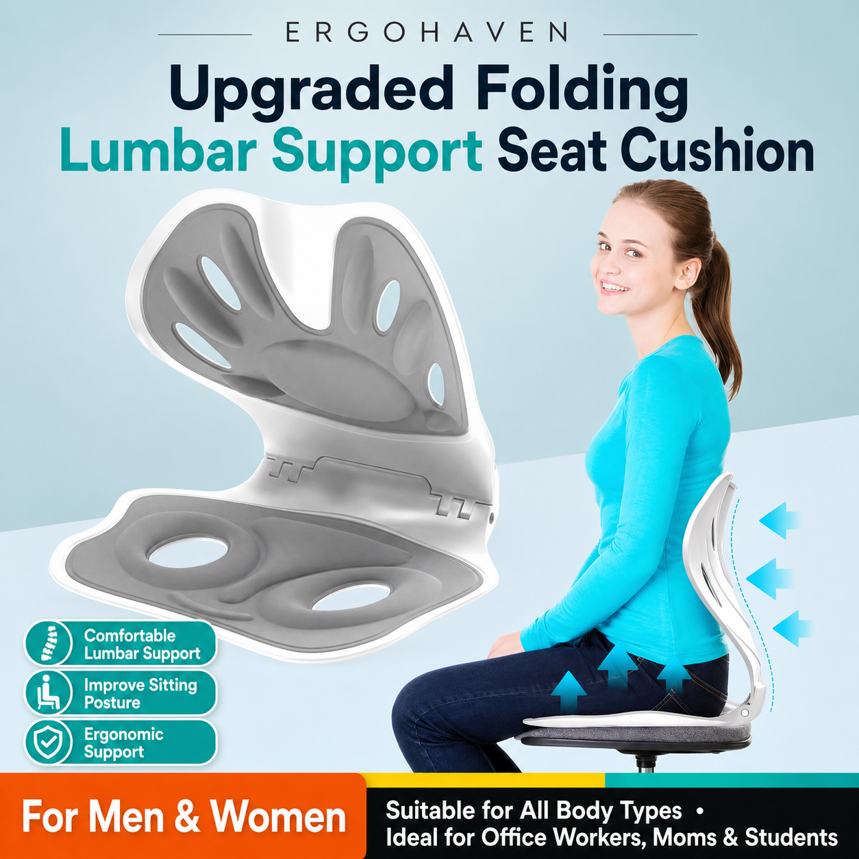 ErgoHaven FoldEase Foldable Lumbar Support Seat Cushion, Ergonomic Back Support for Office Chair, Car Seat & Home, Portable Posture Support Cushion