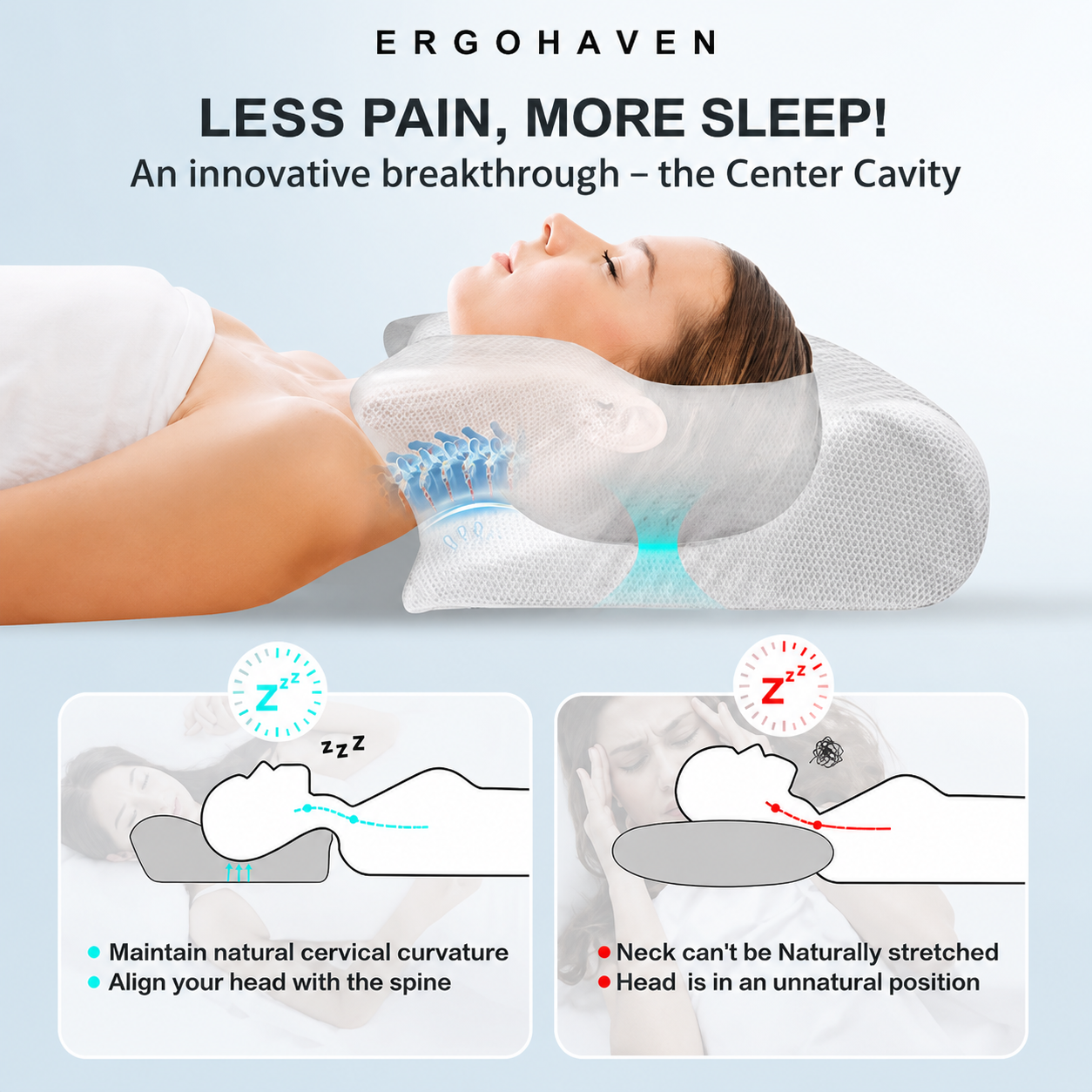 Pillow For ErgoHaven Anti Snore Ergonomic Premium Neck Pain Relief Memory Foam